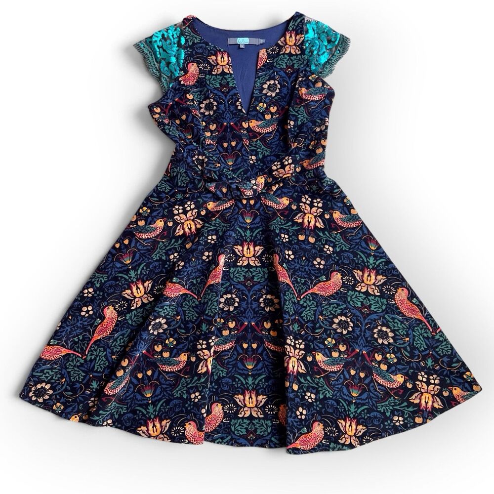 Anthropologie Eva Franco larksong Corduroy Swing Dress 8 Birds Floral Sequin USA